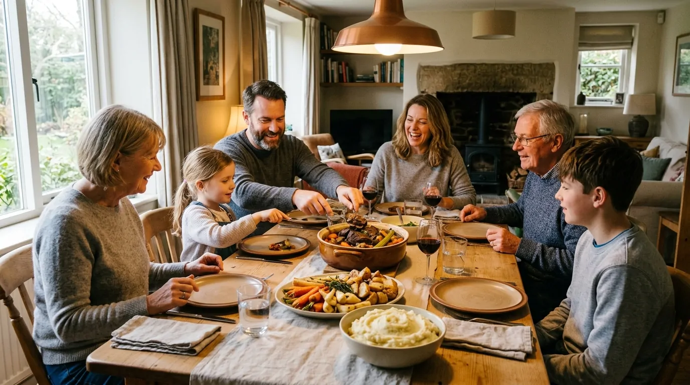 Repas dominical autour de la paupiette Table familiale dressée pour un repas dominical avec viande braisée et légumes
