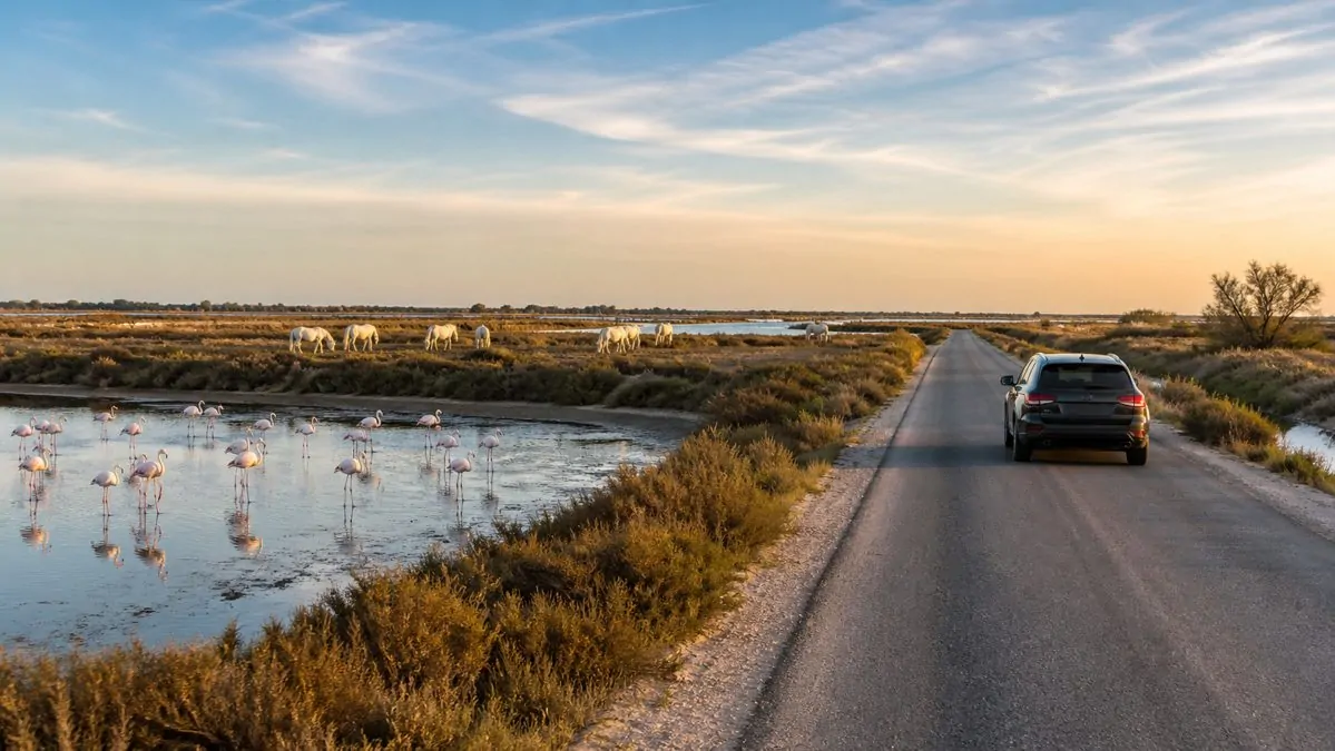 Road trip en Camargue, route entre étangs et flamants roses Route traversant les marais salants de Camargue avec des flamants roses au bord de l'eau