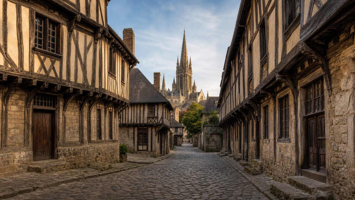 Rouen et Étretat, jour 1 en Normandie Rue à colombages de centre historique normand avec flèche de cathédrale gothique