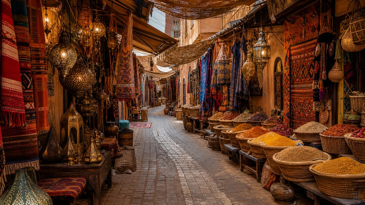 Souks de Marrakech en 3 jours Ruelle étroite d'un souk marocain avec textiles colorés et lanternes en vente