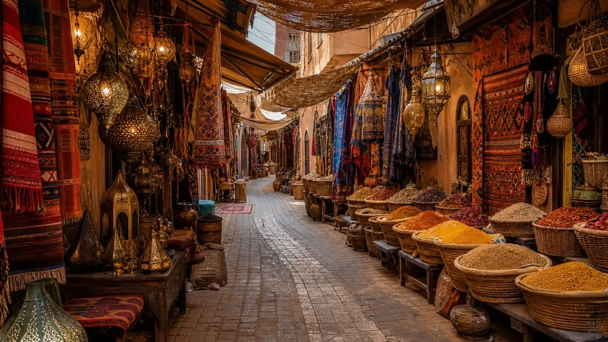 I souk di Marrakech in 3 giorni Stretto vicolo in un suk marocchino con tessuti colorati e lanterne in vendita