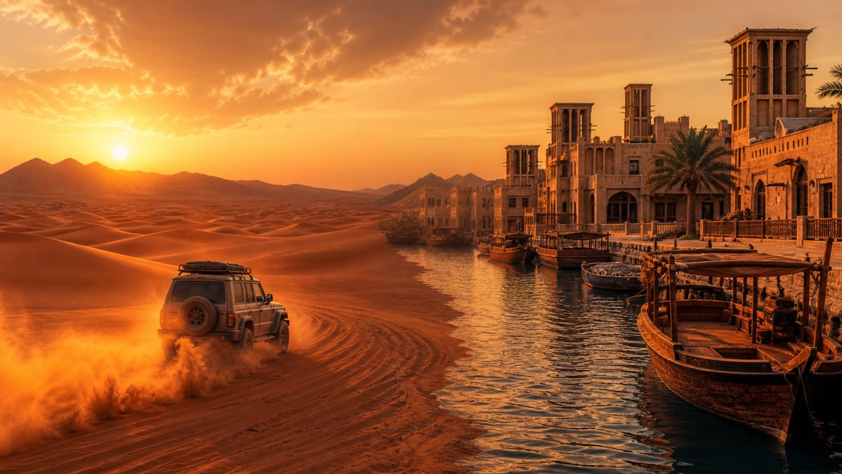 Safari en 4x4 dans les dunes rouges du désert de Dubaï avec vue sur le vieux quartier au bord de l'eau