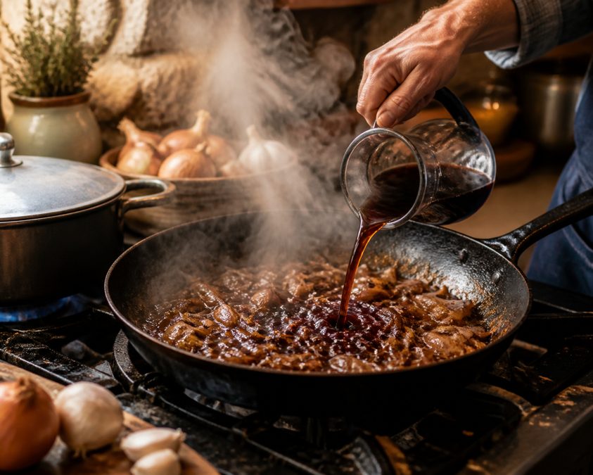 Sauce aux oignons caramélisés pour accompagner le foie de veau Poêle avec réduction de sauce et oignons caramélisés, déglaçage sur le feu