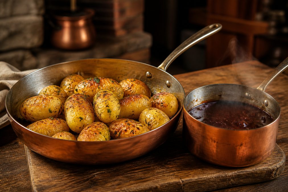 Sauce madère et pommes château pour tournedos Rossini Pommes château dorées dans une poêle en cuivre à côté d'une sauce au madère en réduction