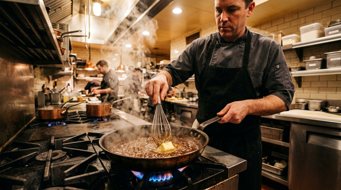 Sauce maison pour paupiette de veau Réduction d'une sauce au jus de cuisson montée au beurre dans une poêle