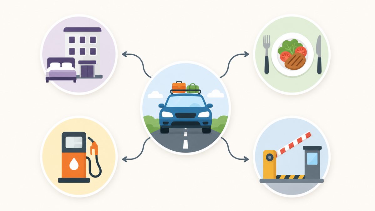 Schéma du budget d'un road trip en Normandie Schéma explicatif avec icônes hôtel, repas, carburant et péage pour un budget de road trip
