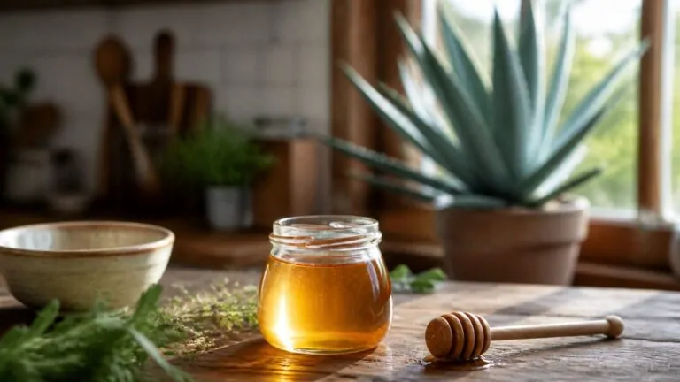 Sirop d'agave dangereux pour la santé Pot de sirop d'agave ambré et plante d'agave dans une cuisine lumineuse
