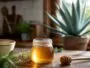 Pot de sirop d'agave ambré et plante d'agave dans une cuisine lumineuse