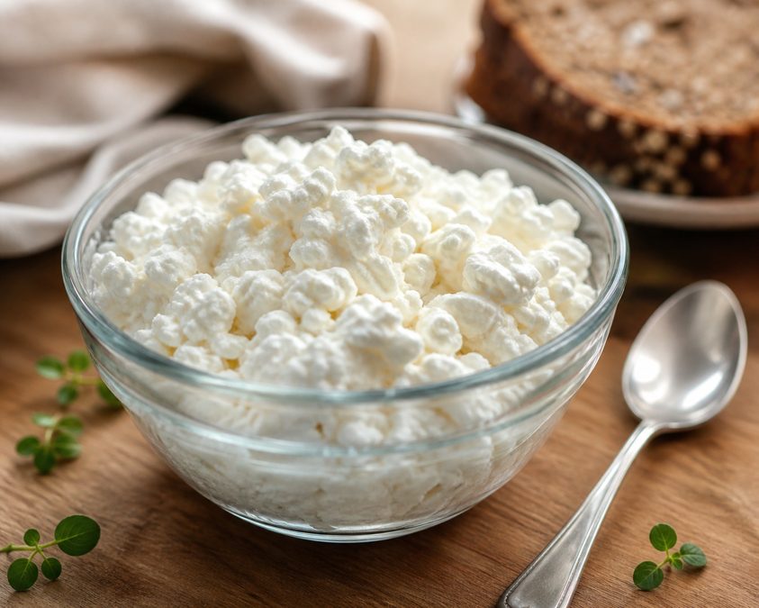 Bol de cottage cheese montrant sa texture caractéristique en grains sur une table de petit-déjeuner