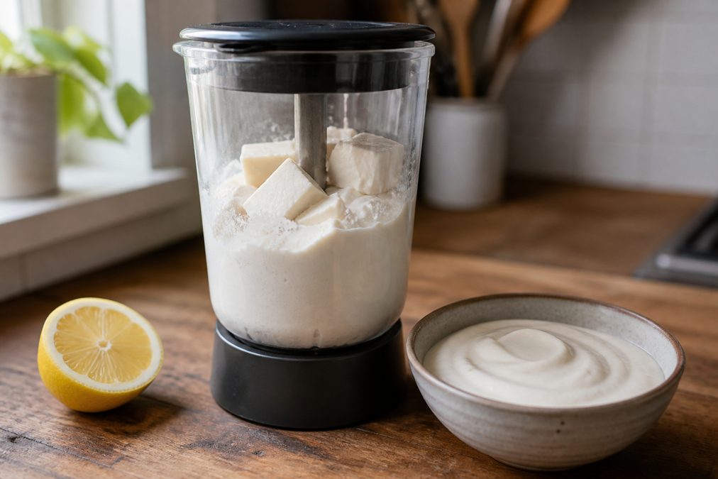 Tofu soyeux mixé en texture crémeuse dans un blender avec un citron coupé à côté