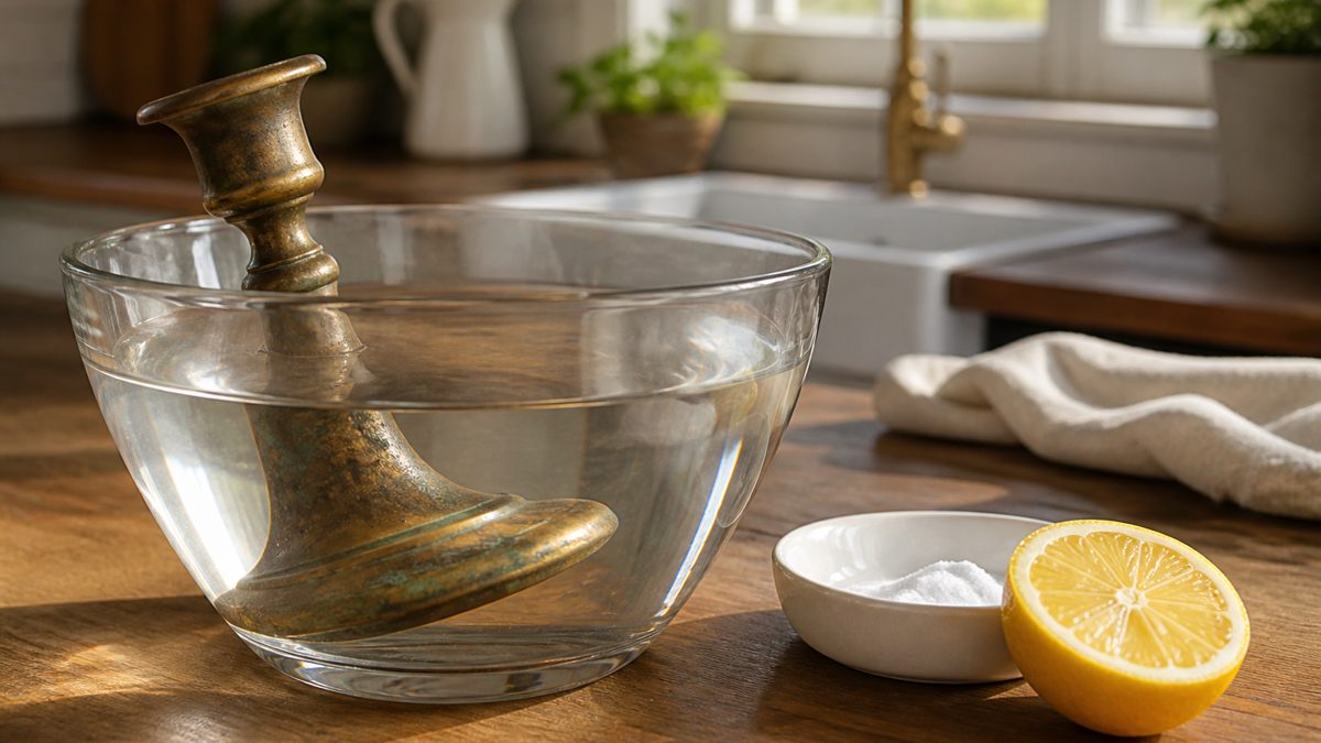 Traiter un laiton oxydé au vinaigre et au bicarbonate Chandelier en laiton oxydé trempant dans une solution de vinaigre avec bicarbonate et citron à proximité
