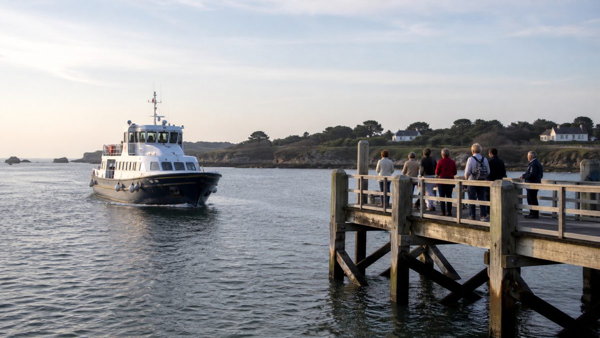 Fährüberfahrt zwischen Fouras und der Île d'Aix Fähre nähert sich einem hölzernen Ponton für die Überfahrt nach Île d'Aix