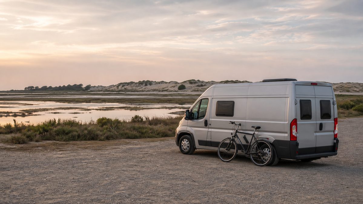 Van aménagé garé en pleine nature en Camargue Van aménagé stationné près des dunes et marais salants sauvages de Camargue
