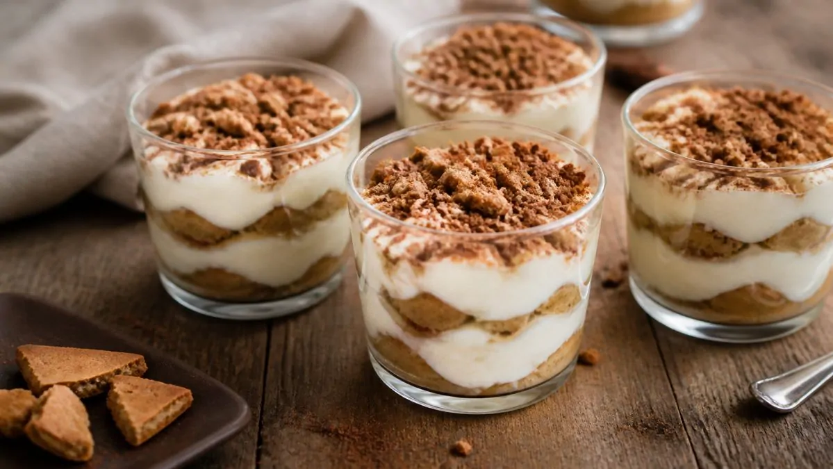 Verrines sucrées pour apéro dînatoire facile Verrines individuelles garnies d'un dessert crémeux en couches sur une table en bois