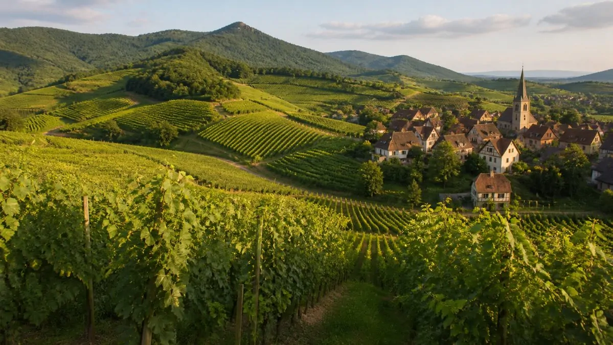 Vignoble d'Alsace le long de la route des vins Vignoble alsacien en coteaux avec village typique à colombages à l'arrière-plan