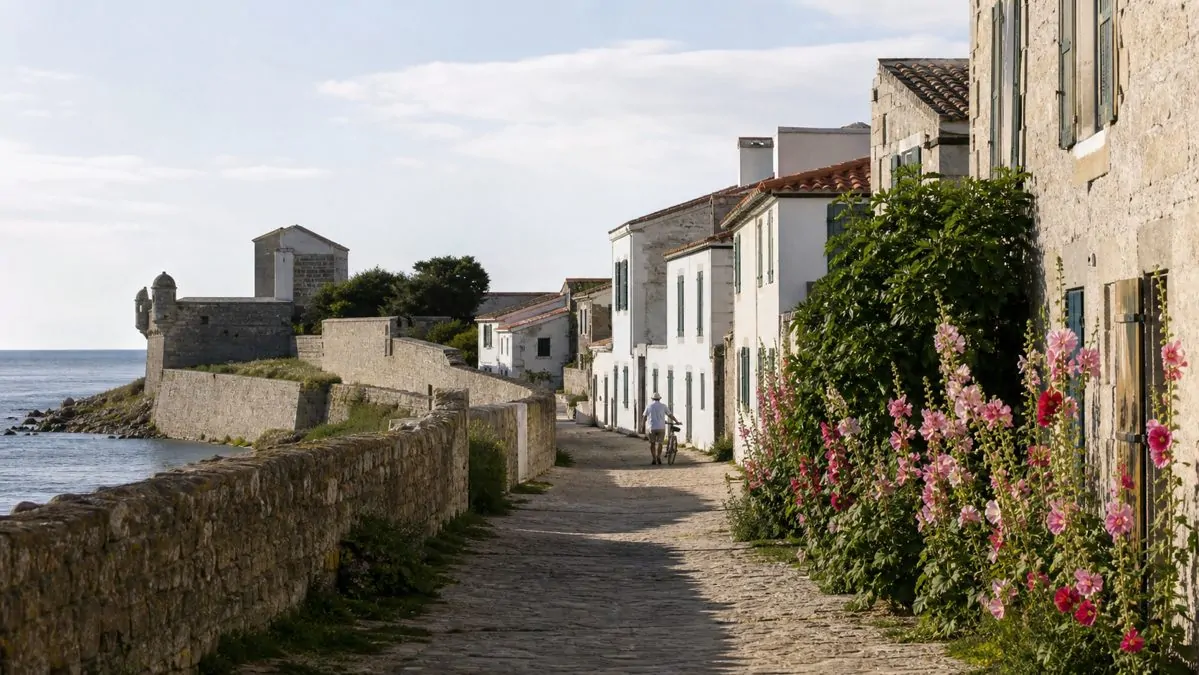 A fortified village on the Île d'Aix seen from a cobbled alleyway Cobbled alley in the fortified village of Île d'Aix with hollyhocks
