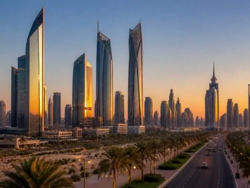 Skyline moderne de Dubaï au coucher du soleil avec gratte-ciel et boulevard bordé de palmiers