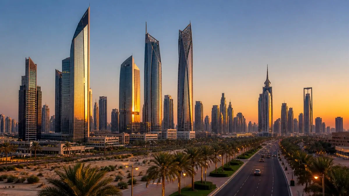 Visiter Dubaï en 5 jours Skyline moderne de Dubaï au coucher du soleil avec gratte-ciel et boulevard bordé de palmiers
