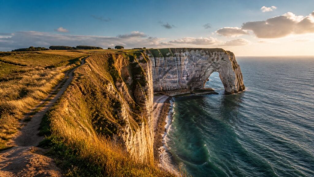 Falaises blanches et arche naturelle sur la côte normande au coucher du soleil