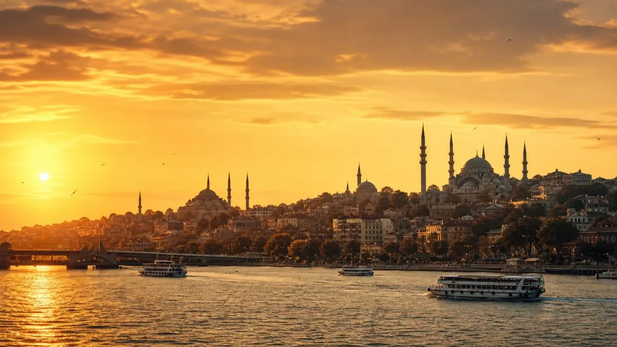 Visiter la Turquie en une semaine, Istanbul et Cappadoce Vue panoramique d'Istanbul au coucher du soleil avec ses mosquées et le Bosphore