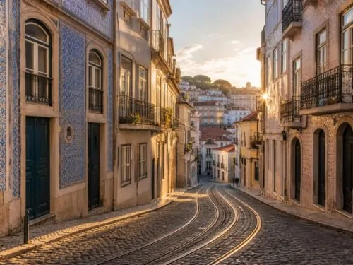 Ruelle pavée pittoresque d'un quartier historique de Lisbonne au coucher du soleil