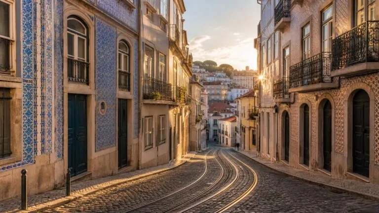 Visiter Lisbonne en 3 jours, vue sur l'Alfama Ruelle pavée pittoresque d'un quartier historique de Lisbonne au coucher du soleil