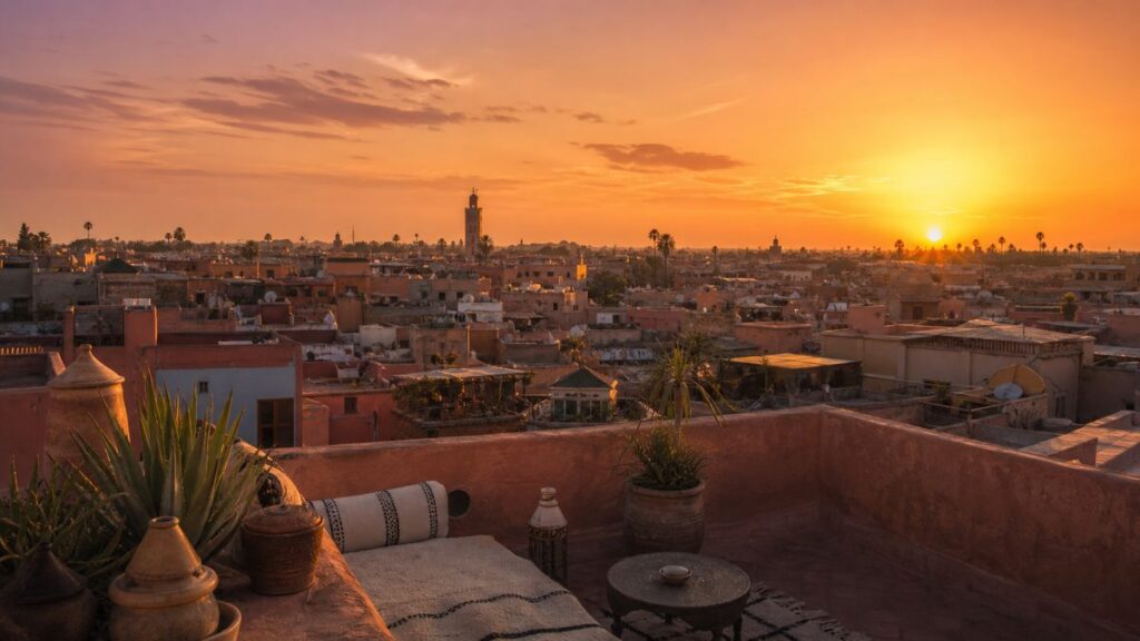 Vue panoramique au coucher du soleil sur les toits de la médina de Marrakech