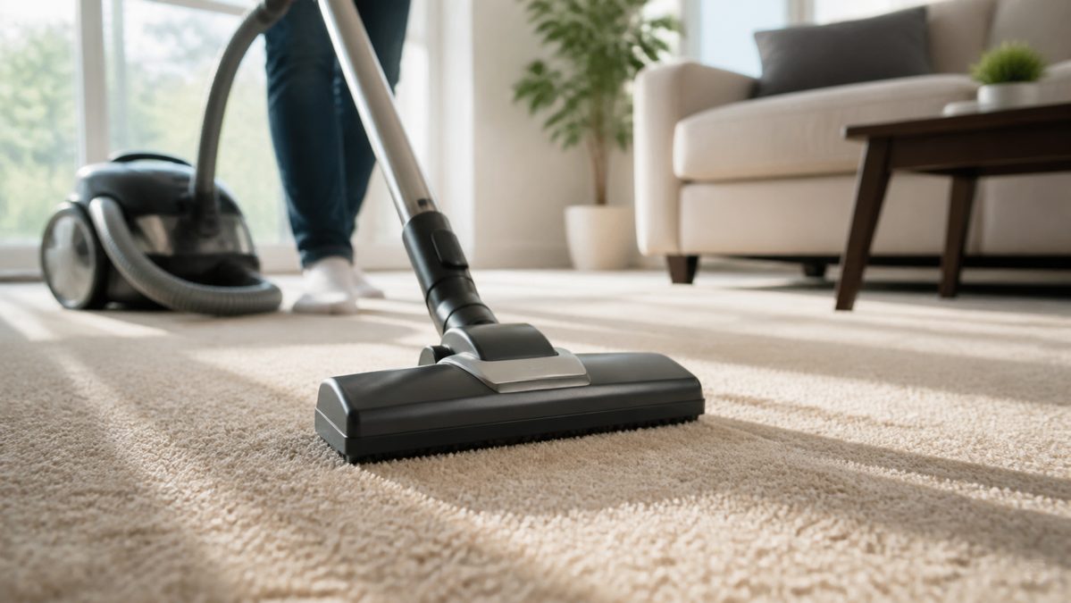 Aspirer une moquette selon le type de fibre Aspirateur passé sur une moquette texturée beige dans un salon lumineux