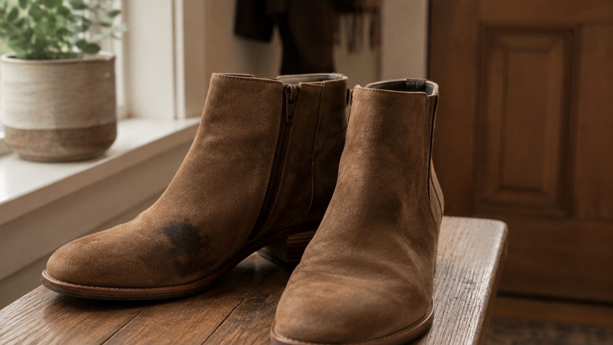 Astuce de grand-mère pour nettoyer le daim Bottines en daim posées sur un banc d'entrée avec une tache visible à traiter
