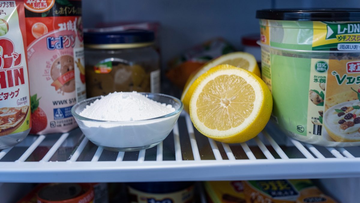 Astuces naturelles contre les odeurs tenaces du frigo Coupelle de bicarbonate et demi-citron placés entre des aliments sur une clayette de frigo