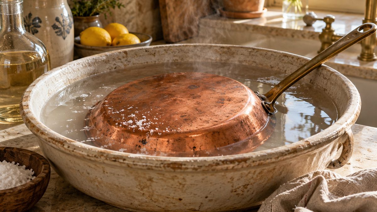 Bain de vinaigre blanc et sel pour le cuivre Casserole en cuivre immergée dans un bain de vinaigre blanc avec du gros sel qui se dissout