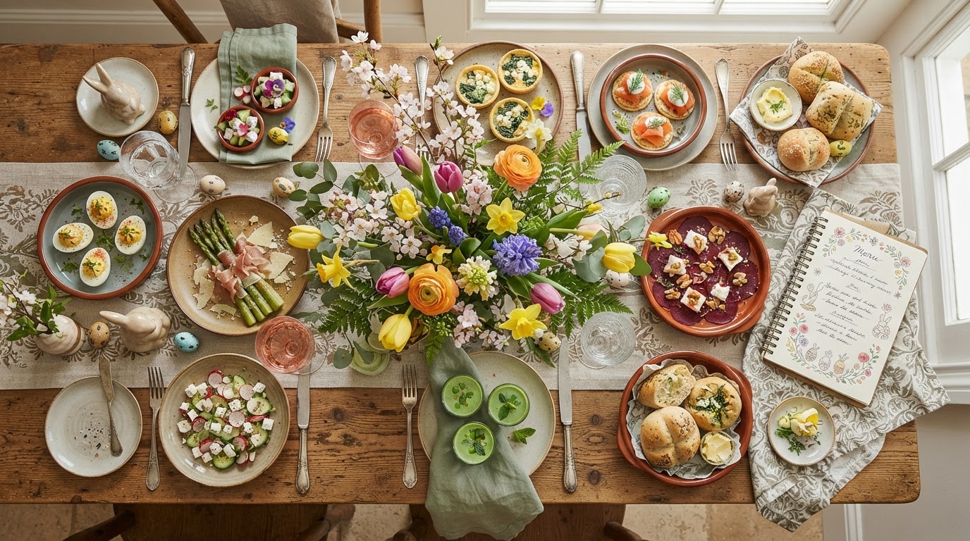 Choisir son entrée selon le menu Plusieurs entrées de Pâques dressées sur une table de fête au printemps