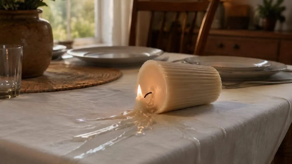 Una vela se cayó, dejando una gota de cera fresca sobre un mantel de algodón