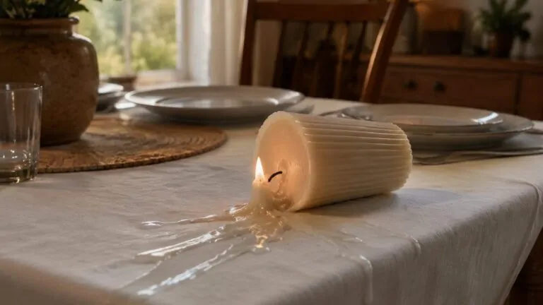 Cire de bougie renversée sur une nappe en tissu Bougie renversée laissant une coulure de cire fraîche sur une nappe en coton