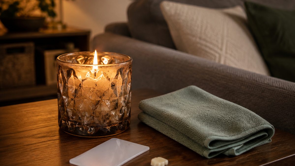 Retirer la cire sur un meuble en bois Bougeoir sur une table en bois avec une coulure de cire et une carte plastique posée à côté