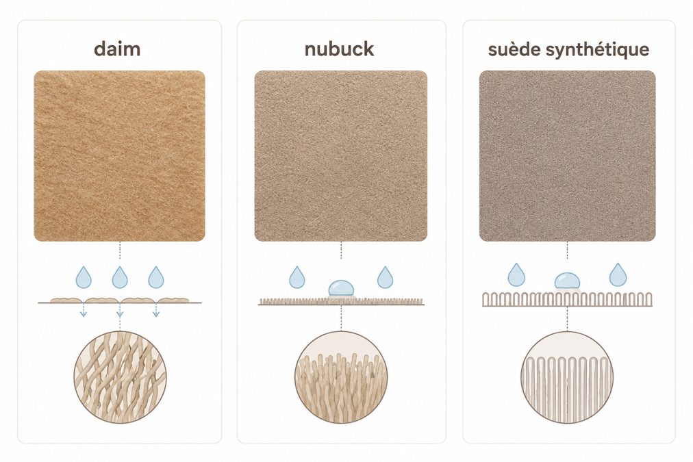 Schéma comparant les textures du daim, du nubuck et du suède synthétique