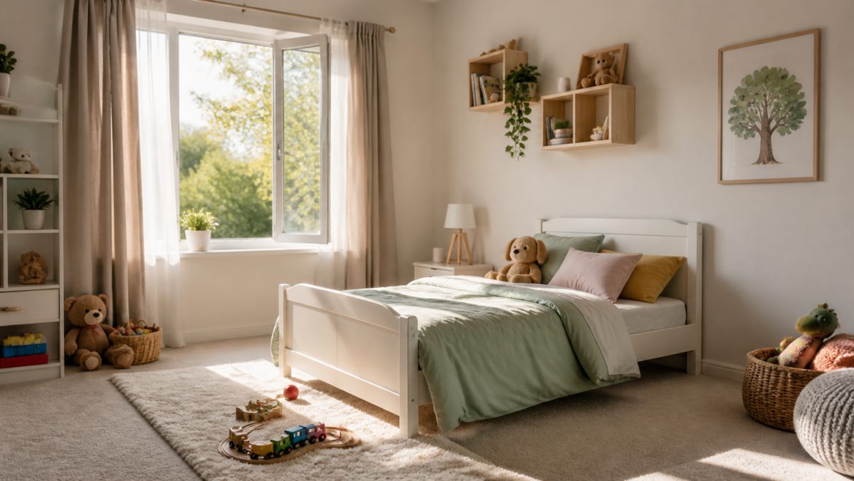 Désodoriser une moquette dans une chambre aérée Chambre d'enfant lumineuse avec moquette et fenêtre ouverte pour aérer
