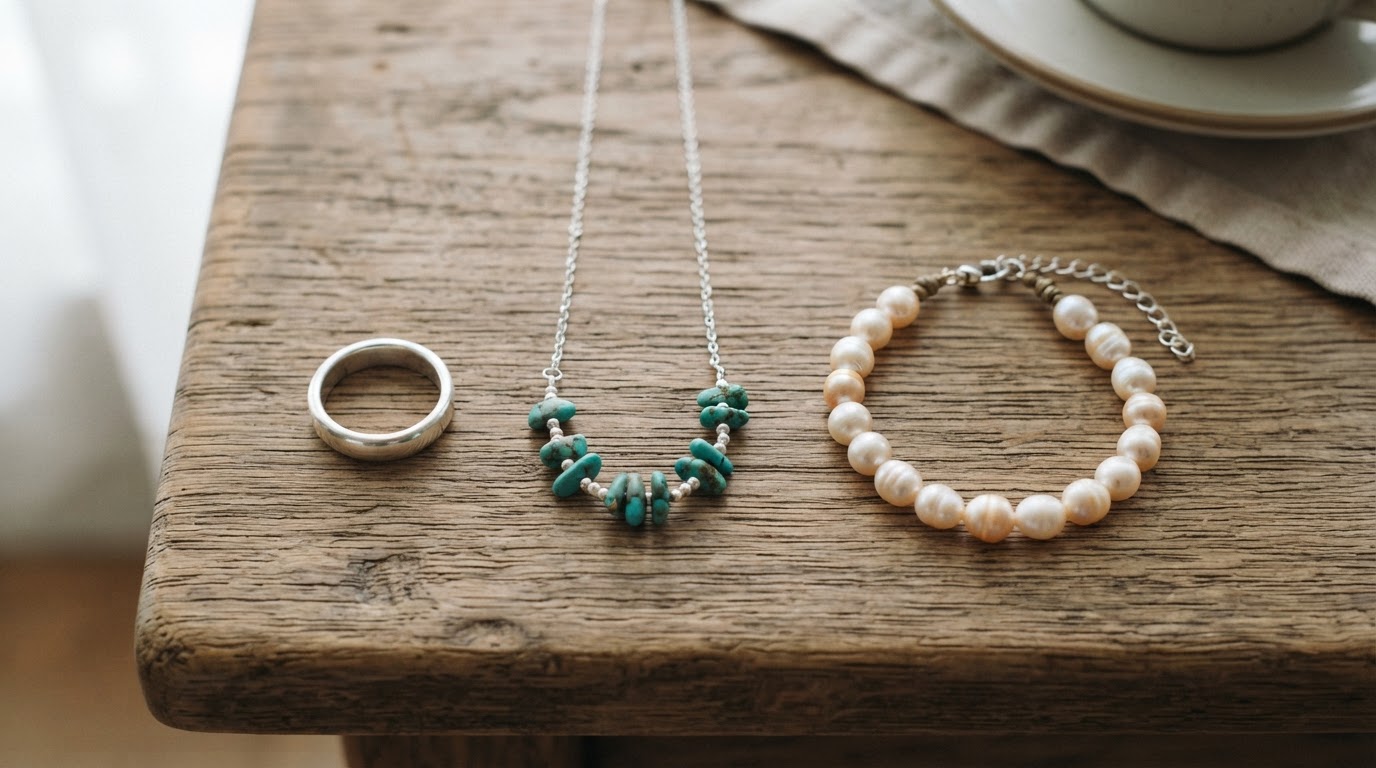 Différents types de bijoux argent et pierres Bijoux en argent avec et sans pierres posés côte à côte sur une table