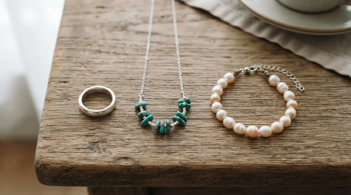 Bijoux en argent avec et sans pierres posés côte à côte sur une table