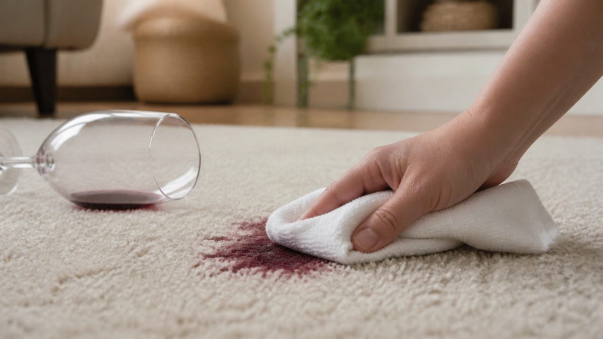 Enlever une tache de vin sur une moquette claire Tache de vin rouge tamponnée avec un chiffon blanc sur une moquette claire