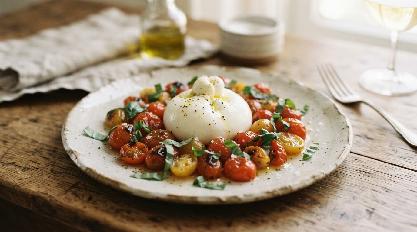 Entrée bluffante burrata et tomates Burrata entière entourée de tomates cerises tièdes et de basilic frais sur assiette blanche