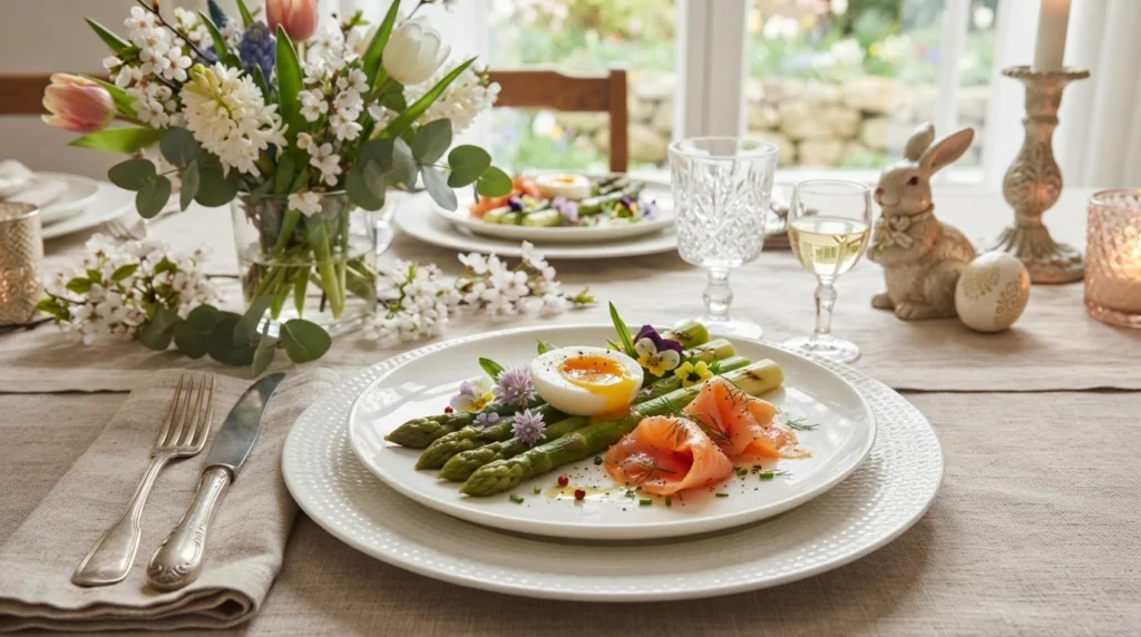 Plato gourmet de entrantes de Pascua con espárragos verdes, huevo pasado por agua y salmón ahumado