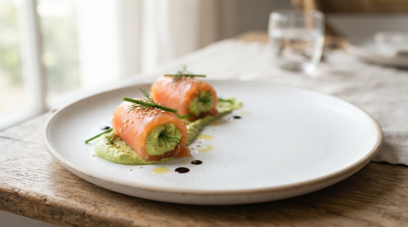 Entrée facile et chic dressée avec soin Assiette blanche avec une entrée chic au contraste de couleurs vert et rose, dressage soigné