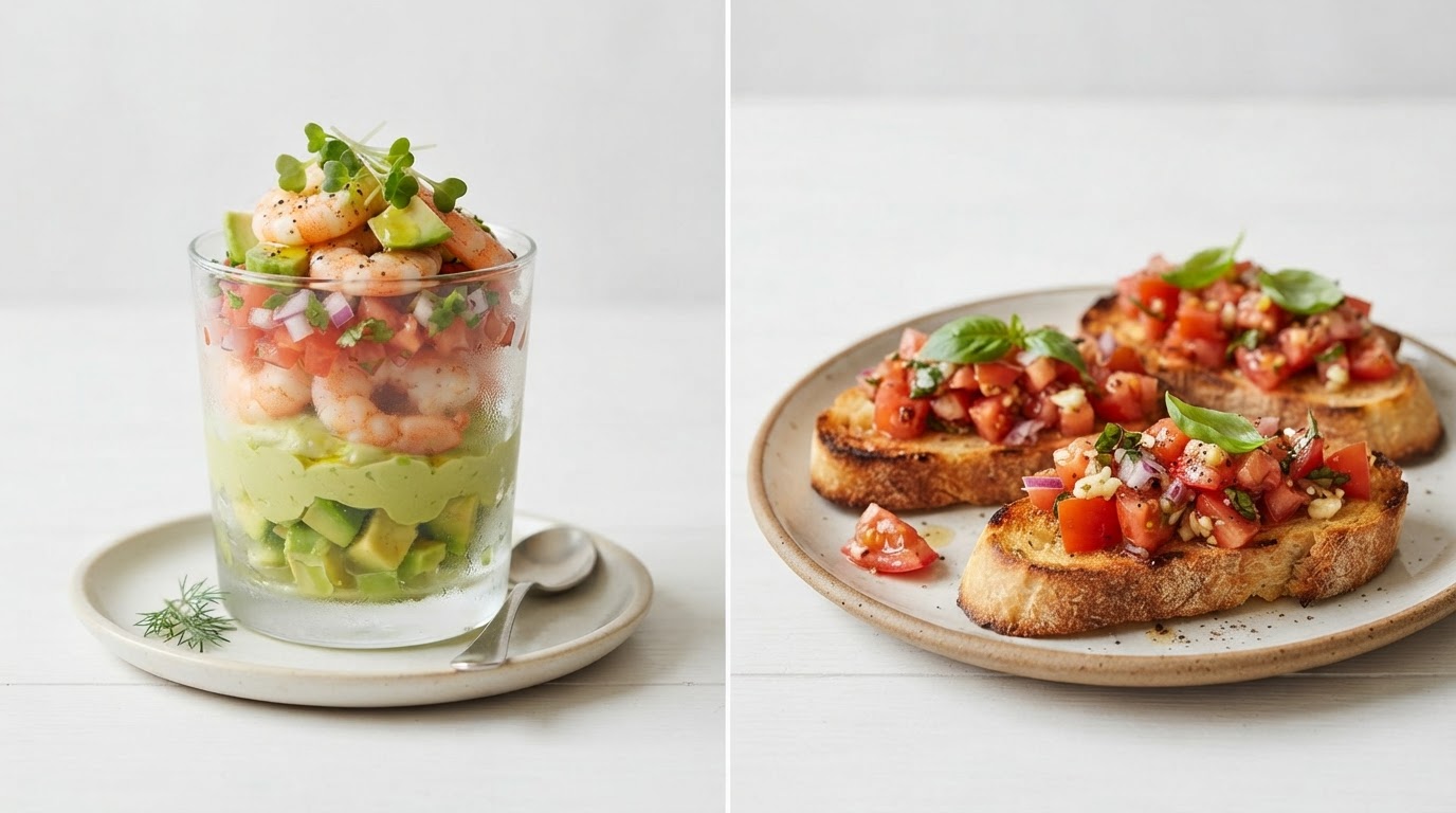 Entrée froide ou chaude, comparatif Comparaison visuelle entre une entrée froide en verrine et une entrée chaude tout juste dressée