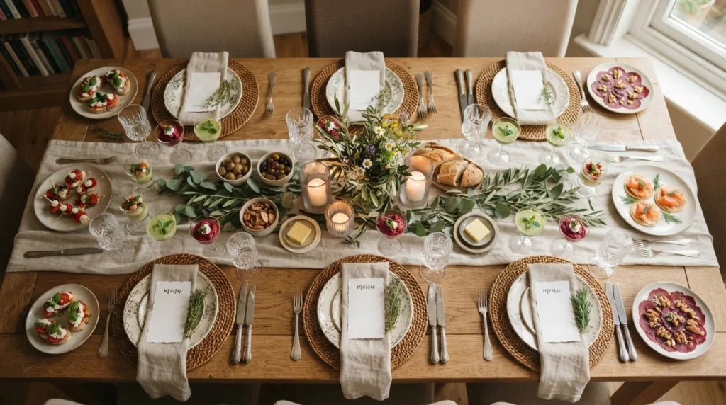 Table dressée avec plusieurs petites entrées prêtes à être servies aux invités