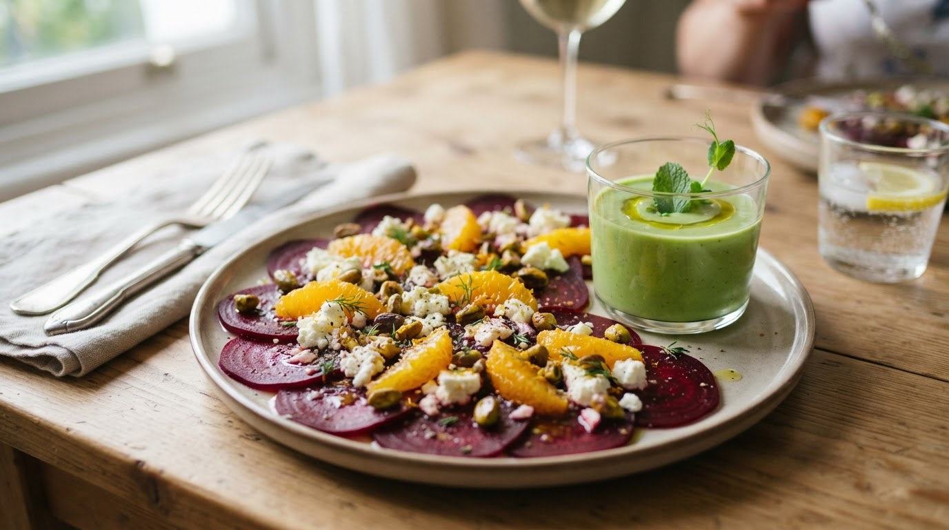 Entrées végétariennes de printemps Carpaccio de betterave à la feta et petit verre de velouté froid de petits pois à la menthe
