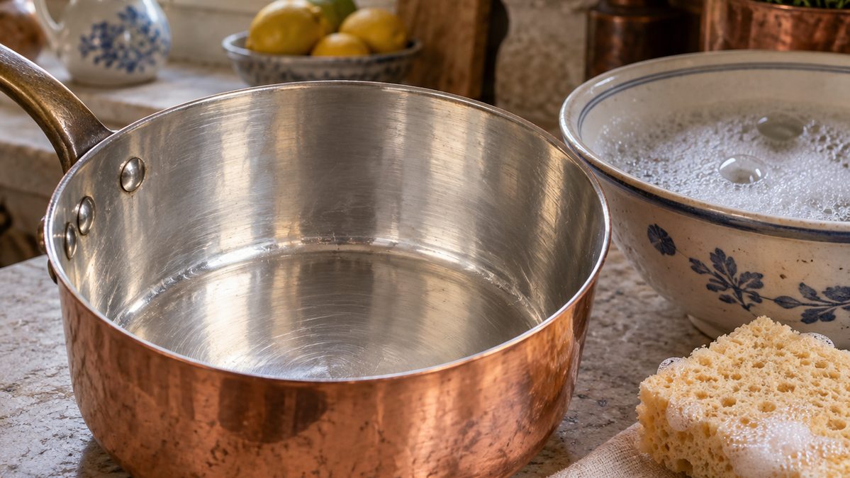 Entretien du cuivre étamé en cuisine Intérieur étamé argenté d'une casserole en cuivre à côté d'une eau savonneuse chaude