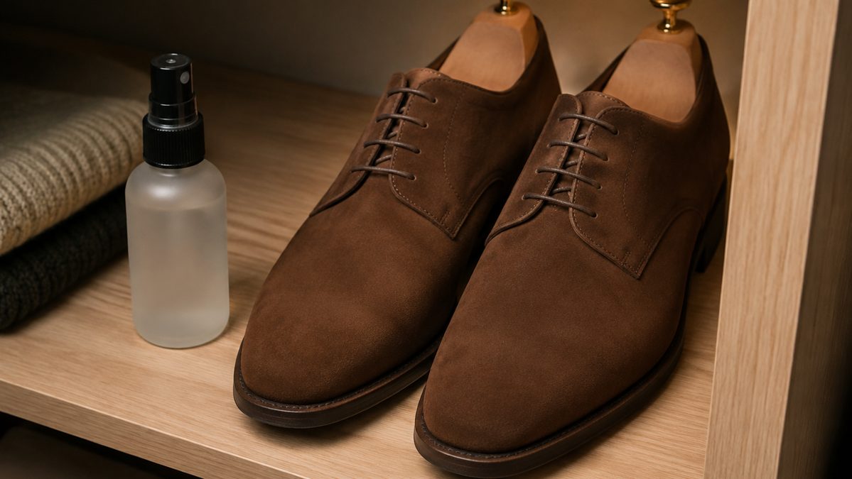 Chaussures en daim avec embauchoirs rangées sur une étagère de dressing