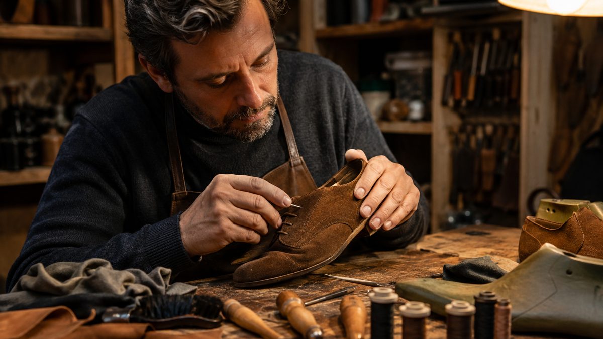 Cordonnier examinant une chaussure en daim dans son atelier