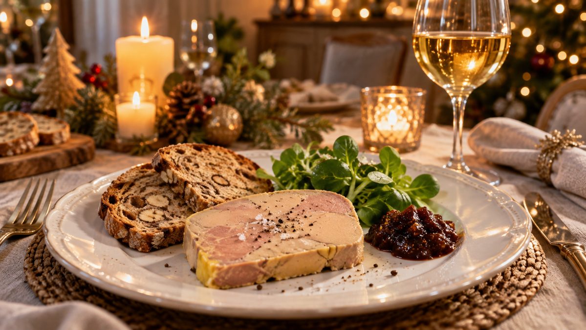 Foie gras en entrée, assiette de fête Tranche de foie gras mi-cuit avec pain aux noix toasté, chutney de figues et mâche